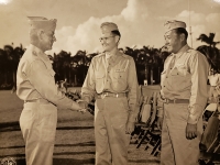 31 July 1947, Ft. Shafter, Oahu, T.H.  Lt. General John E. Hull congratulating Lt. Colonel Harry Albright of the Honolulu Advertiser, Commanding Officer of the 442nd Infantry Regiment upon its reactivation into the regular Army Reserve after the reactivation ceremony held at Ft. Shafter. Looking on is Major Mitsuyoshi Fukuda, Commanding Officer, 100th Infantry Battalion.