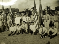 31 July 1947, Ft. Shafter, Oahu, T.H. Combat disabled veterans of the 442nd Infantry Regiment and the 100th Infantry Battalion sit before the colors of the famed fighting unit that won much fame and glory in the battle fields of Europe. The famed fighting unit has just been reactivated into the regular Army Reserve Corps at Fort Shafter. (Note: Kenneth Otagaki, 100th veteran, is the man with a crutch.)