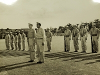 31 July 1947, Ft. Shafter, Oahu, T.H. Officers and color bearers of the 442nd Infantry Regiment and the 100th Infantry Battalion at attention as they are about to receive their colors in a ceremony reactivating both units into the regular Army Reserve Corps at Fort Shafter.