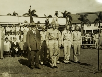 31 July 1947, Ft. Shafter, Oahu, T.H. Governor Ingram Stainback and Lt. General John E. Hull, Commanding General, AGFPAC and members of his staff, stands at attention as the colors of the famed 442nd Infantry Regiment are about to be presented in a reactivation ceremonies activating the 442nd Infantry Regiment and the 100th Infantry Battalion into the regular Army Reserve Corps at Ft. Shafter.