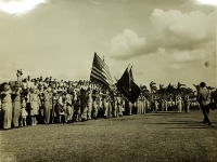 31 July 1947, Ft. Shafter, Oahu, T.H. Special color bearers from the Hawaii National Guard hold the colors of the 442nd Infantry Regiment and the 100th Infantry Battalion during the reactivating ceremonies of the Infantry Regiment into the regular Army Reserve Corps.