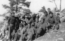 March 1945 - OP2 Mt. Grammondo, France "A" Co. guys - L to R Charles Hino, Joe Ando, Ken Akagi, Saburo Tsuchiyama, Ed Yamamoto, Toke Yoshihashi, Noah Kawaguchi, Ben Chikami, Tad Arimura and Sadao Ikoma. [Courtesy of Sam Fujikawa]