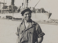 Kazuo Uyehara at waterfront in Leghorn, about to board ship [Courtesy of Bernard Akamine]