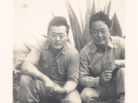 Ernest Enomoto (right) with friend at Camp McCoy, Wisconsin [Courtesy of Misao Enomoto]