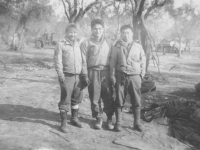 Three soldiers pose for a photo in Italy, 1944. [Courtesy of Mary Hamasaki]