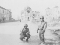 Tadayoshi Hamasaki and fellow soldier pose in the streets of Cassino, 1944. [Courtesy of Mary Hamasaki]