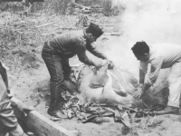 Soldiers prepare the pig to roast after their reception in Maui. [Courtesy of Mary Hamasaki]