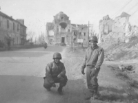 Tadayoshi Hamasaki and fellow soldier pose in the streets of Cassino. [Courtesy of Mary Hamasaki]