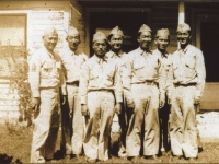 100th Infantry soldiers visiting the Hendersin farm. Thomas Higa is the third soldier from the left. [Courtesy of Monroe County Local History Museum, Sparta, Wisconsin. Jarrod Roll, Director. Jan 8, 2019.]