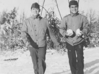 Thanksgiving Day - L-R S. Kamishita, K. Higa  Camp McCoy, Wisc. Nov '42 [Courtesy of Kenneth Higa]