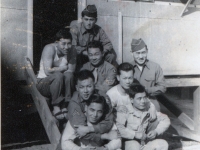 Higa Noboru, ? Kitagawa, Martin Iida, Hagio, "Kat" Funamura.   1943  Hut Entrance, Camp Shelby, Miss.  (Courtesy of Dorothy Inouye)