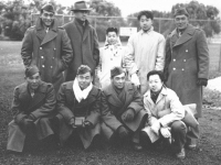 At Madison after football game. Later ate at ?'s home, sleep at Tom's house. All from Hawaii, attending U of Wisc. Standing - Jim Ching, Francis Moy, Sonny Tom. Kneeling: Frances Tom Sept.26,1942. (L Standing) Tom Ibaraki. [Courtesy of Dorothy Ibaraki]