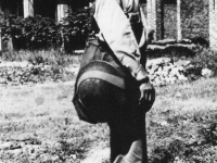 Yoroku Ito in khaki uniform with bag and helmet [Courtesy of:  Paula Akamine]
