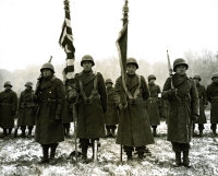 Color guards and color bearers from the 442nd Combat Team stand at attention while their citations are read in Bruyeres, France. [Courtesy of US Army Signal Corps]