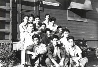 Kong Kimura's carpenter gang. From left to right, row 1: Jenhatsu Chinen, Saiji Zakima, and Edward Emura; Row 2: Harry Sato, Ted Amioka, Masaichi Sagawa, and Takashi Kajihara; Row 3: Hideo. [Courtesy of Ted Tsukiyama Papers, University of Hawaii at Manoa Library]