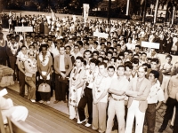 (March 24, 1941) 2nd Draft Inductees. Eugene Kawakami is in the front row on the far left, wearing sunglasses and a hat.  [Courtesy of Joanne Kai]