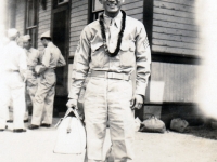 (July 03, 1942) Eugene Kawakami at the Camp McCoy train station, bound for Chicago.  [Courtesy of Joanne Kai]