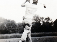 (1942) Eugene Kawakami golfing with friends from the 100th Infantry Battalion in West Salem, Wisconsin, in his bare feet.  [Courtesy of Joanne Kai]