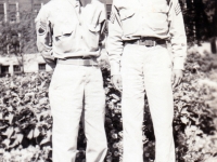 (August 16, 1942) “Eugene and Sgt. Walter Moriguchi, University of Minnesota in Minneapolis, Minnesota”. Eugene Kawakami is on the left.  [Courtesy of Joanne Kai]