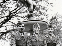 (March 21, 1943) “On the campus of Tulane University, New Orleans, Louisiana. S/Sgt. Gora, S/Sgt. Kawakami & Sgt. Yoshiura.” Eugene Kawakami is in the middle.   [Courtesy of Joanne Kai]