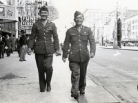 (March 21, 1943) “Sgt. Yoshiura & I – Walking North on Canal Street, New Orleans.” Eugene Kawakami is on the right.  [Courtesy of Joanne Kai]