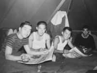 Tentmates, we all been together since the time I was in the army. From front-Dick Nakahara, Raymond Yokoyama, Kenneth Wasada, Sus Kunishige. Hope the other two was here too.  [Courtesy of Ruth Kunishige}