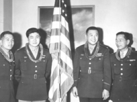 Four of the eighteen original 100th Battalion officer from left to right: 1st Lt. Shigeru Tsubota, Capt. Kiyoshi Kuramoto, Major Mitsuyoshi Fukuda, 1st Lt. Sparky Matsunaga. [Courtesy of David Fukuda]