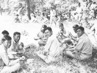 While training out in the fields. Taken while training out in the field. Having our lunch. July 8, 1942. [Courtesy of Leslie Taniyama]