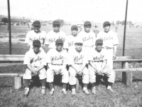 The Outfielders of the 100 Infantry to ball season. I am the smallest on the team.  [Courtesy of Leslie Taniyama]