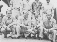 The gang trying to act as big shots with cigars ha! Ha! First row - kneeling - Hide, Okazaki, Yamamoto and Goro. Standing: Yamada, Joe Takata, Honbo & Eddie Mitsukado. I snapped the pictures. Okay Isn't it! [Courtesy of Leslie Taniyama]