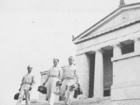 Taken on the steps of the Chicago Acquariusan. We areust leaving the place. Sgt. Kaneshima of Maui, Joe Takata and Masayoshi Miyagi. [Courtesy of Leslie Taniyama]