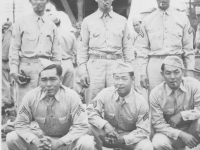 Taken Sept. 1, 1942. The station at Sparta, Wisc. Front: Joe, Masayoshi Miyagi and Okazaki. Sam Tomai, Hidi Yamashita and Yozo Yamamoto. [Courtesy of Leslie Taniyama]