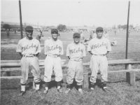 The former 298th Infantry Infield of Schofield. L to R- married - Yozo Yamamoto - 3d base, Sam Tomai - S.S., married - M. Miyagi - 2nd BASE, married - J. Yamada - 1st BASE. [Courtesy of Leslie Taniyama]