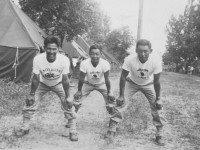 Taken at camp Aug 2, 1942. Corp. Y. Yamamoto, Masayoshi Miyagi, John Y. Yamada. [Courtesy of Leslie Taniyama]