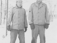 Taken Nov 26 in front of the barracks. S/Sgt John Yamada and Masayoshi Miyagi. [Courtesy of Leslie Taniyama]