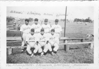 Pitching Staff on the Aloha Team. Standing (l-r): M. Okazaki, S. Tanigawa, M. Omori, D. Suzuki. Sitting (l-r) T. Mizusawa, G. Moriguchi, Matsunami [Courtesy of Sandy Tomai Erlandson]