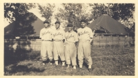 Company E boys on the Aloha Team; from l-r Johnny Yamada, Yozo Yamamoto, Mushy Miyagi, Henry Shiyama [Courtesy of Warren Yamamoto]