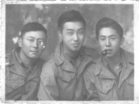 Atushi Iwai, Moriso Teraoka and George "Florida" Yoshida during the Po Valley campaign, Alessandria, Italy, 1945. Yoshida was called "Florida" because his father had moved the family to that state and "Florida" had a southern accent.   (Courtesy of Moriso Teraoka)
