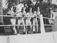 Passing Shots Transcontinental U.S. June 12 to June 15.  Taken June 1942 along the rails on the Mississippi River.  Left to right: Toshio Kawamoto, James Komatsu, myself, and Fred Kanemura. [Courtesy of Jan Nadamoto]