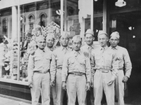 Left to Right:  James Komatsu, Richard Oguro, Thomas K. Tsubota, myself, K. Takehara, Yokota & Toshio Kawamoto. Taken on July 4, 1942.  [Courtesy of Jan Nadamoto]