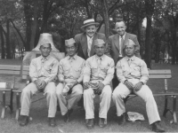 Taken July 5, 1942 at park in Tomah, Wisconsin.  Sitting left to right: Fred, myself, Jimmy & Richard.  Standing left to right:  Mr Gantenbien (Lansing, Iowa)  & Mr. Maxwell (Westby, Wis.).  [Courtesy of Jan Nadamoto]