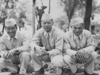 L to R.  Myself, Richard Oguro, James Komatsu. Taken on July 5, 1942 in front of fountains in Tomah, Wisconsin. Park situated just before entering town.  [Courtesy of Jan Nadamoto]