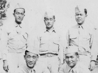 1942 Camp Shots - McCoy.  Taken July 21, 1942.  Yutaka, myself, Hisashi, Tom and Sada.  [Courtesy of Jan Nadamoto]