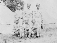 Taken July 21, 1942 right after I got thru drilling note leggins. Sada, Tom, Yutaka, Hisashi, myself, Kunio.  [Courtesy of Jan Nadamoto]