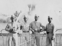 Taken July 12, 1942 at Grant's Park, right alongside Lake Michigan, right before the spouting fountain.  Fred Kanemaru, James Komatsu, Chunki Shimabukuro, and myself.  [Courtesy of Jan Nadamoto]