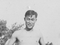 Eddie Mitsukado.  Eddie Mitsukao of our company-now changed.  Taken August 1942 at Old Camp McCoy area.  [Courtesy of Jan Nadamoto]