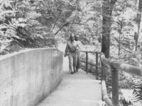 Taken August 9, 1942 at Wisconsin Dells, Wisc. Second stay on boat trip at Stand Rock.  Coming up walk & Devils' Angel and Indian Village where mighty ceremonies are held.  I'm first one coming up.  [Courtesy of Jan Nadamoto]