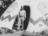 Taken August 9, 1942 at Wisconsin Dells at Stand Rock, our second stop during our boat trip where cermonies are held nightly.  Indian tepee.  No Indians actually lived there.  Just part of ceremonial grounds.  [Courtesy of Jan Nadamoto]