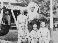 Taken August 9, 1942 at Wisconsin Dells Park.  Chief is Chief Blow Snake. In the pot are two Indian kids.  [Courtesy of Jan Nadamoto]