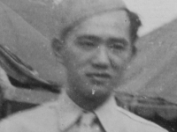 Sept. 1942 at Old Camp McCoy, Wis. Kenji Fukuda of our platoon.  Chef from Pearl City.  [Courtesy of Jan Nadamoto]